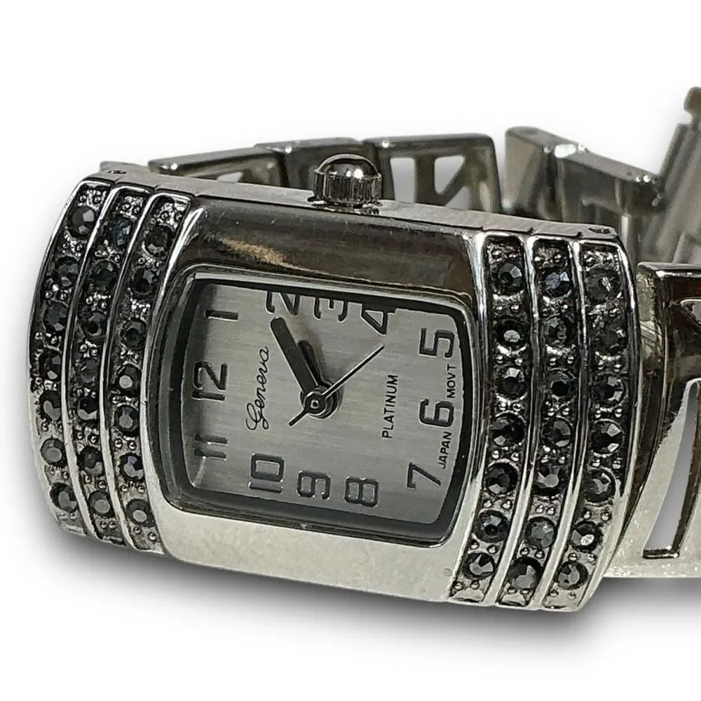 Geneva Y2K Vintage Platinum with Back & Crystal Rhinestones Tonneau Shaped Face